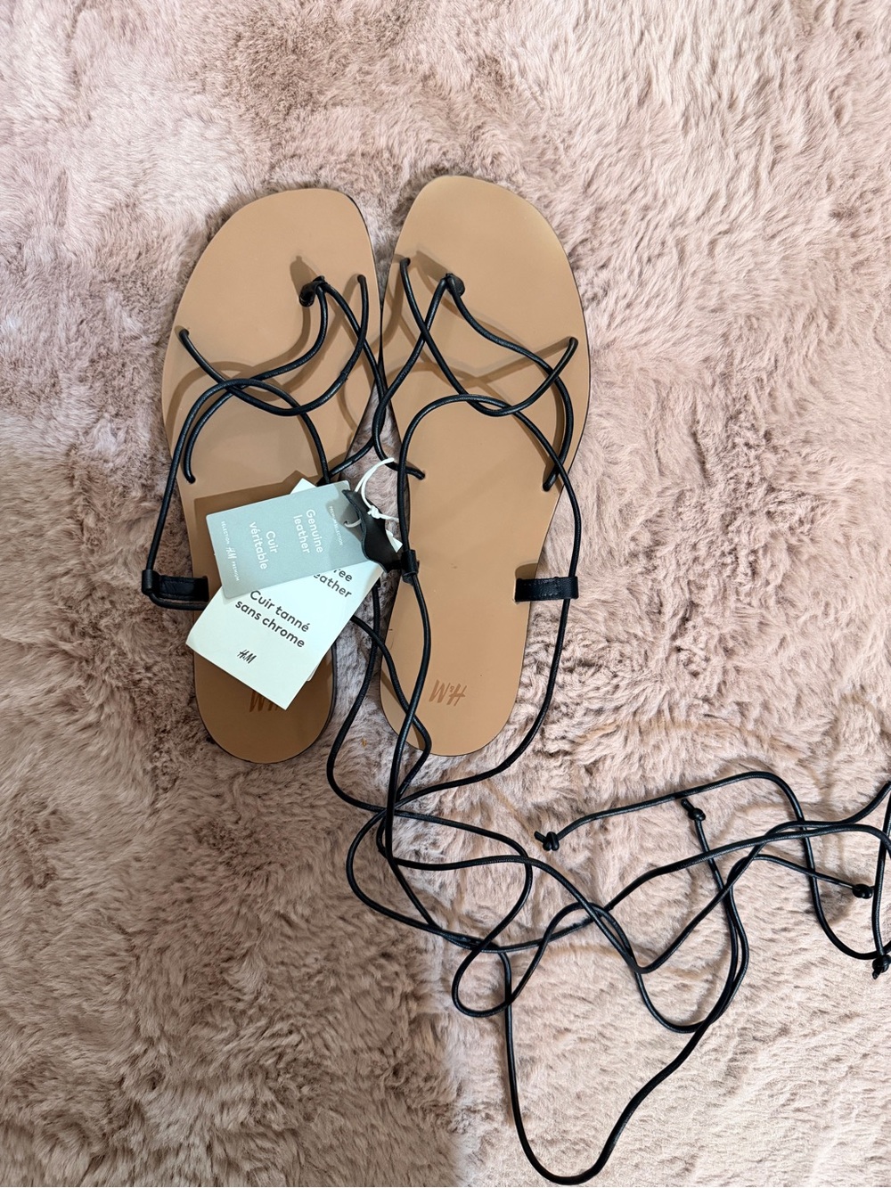 H&M Black Lace-Up Flat Sandals with Tan Footbed
